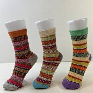 Womens Crew Socks Set 3 Fair Isle Nordic Pattern Orange Beige Green Yellow Brown